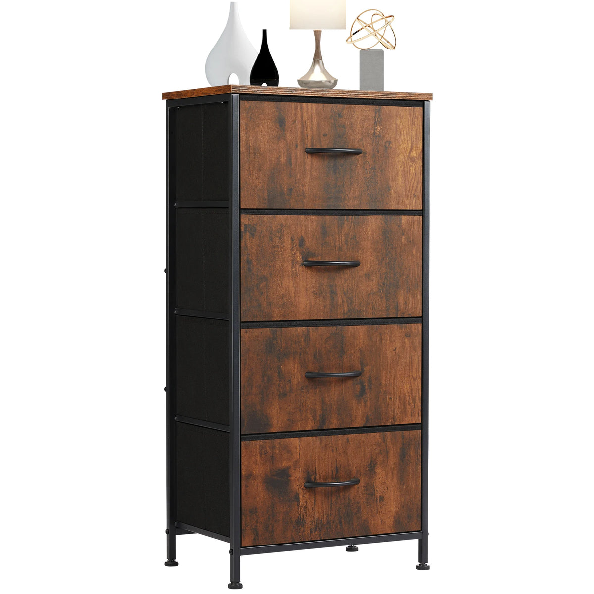 JHK Dresser For Bedroom With 4 Fabric Drawers Nightstand Wardrobe Steel Frame Closet For Clothes Storage Cabinet Of Furniture