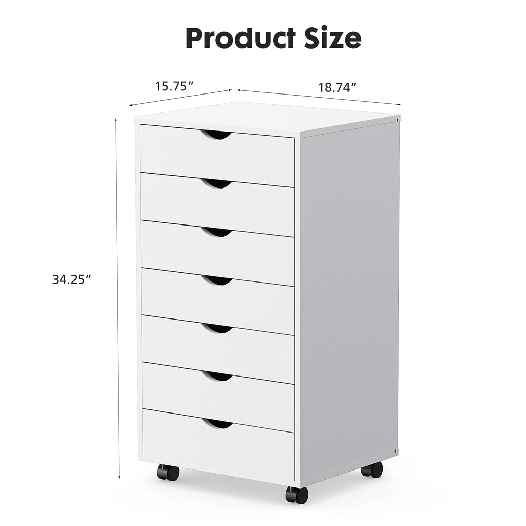 JHK 7 Drawer Chest Dressers Nightstand Storage Cabinet Wooden File Office Mobile Cabinet Wheels Living Room Organizer Rolling