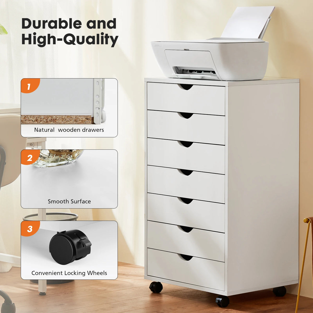 JHK 7 Drawer Chest Dressers Nightstand Storage Cabinet Wooden File Office Mobile Cabinet Wheels Living Room Organizer Rolling