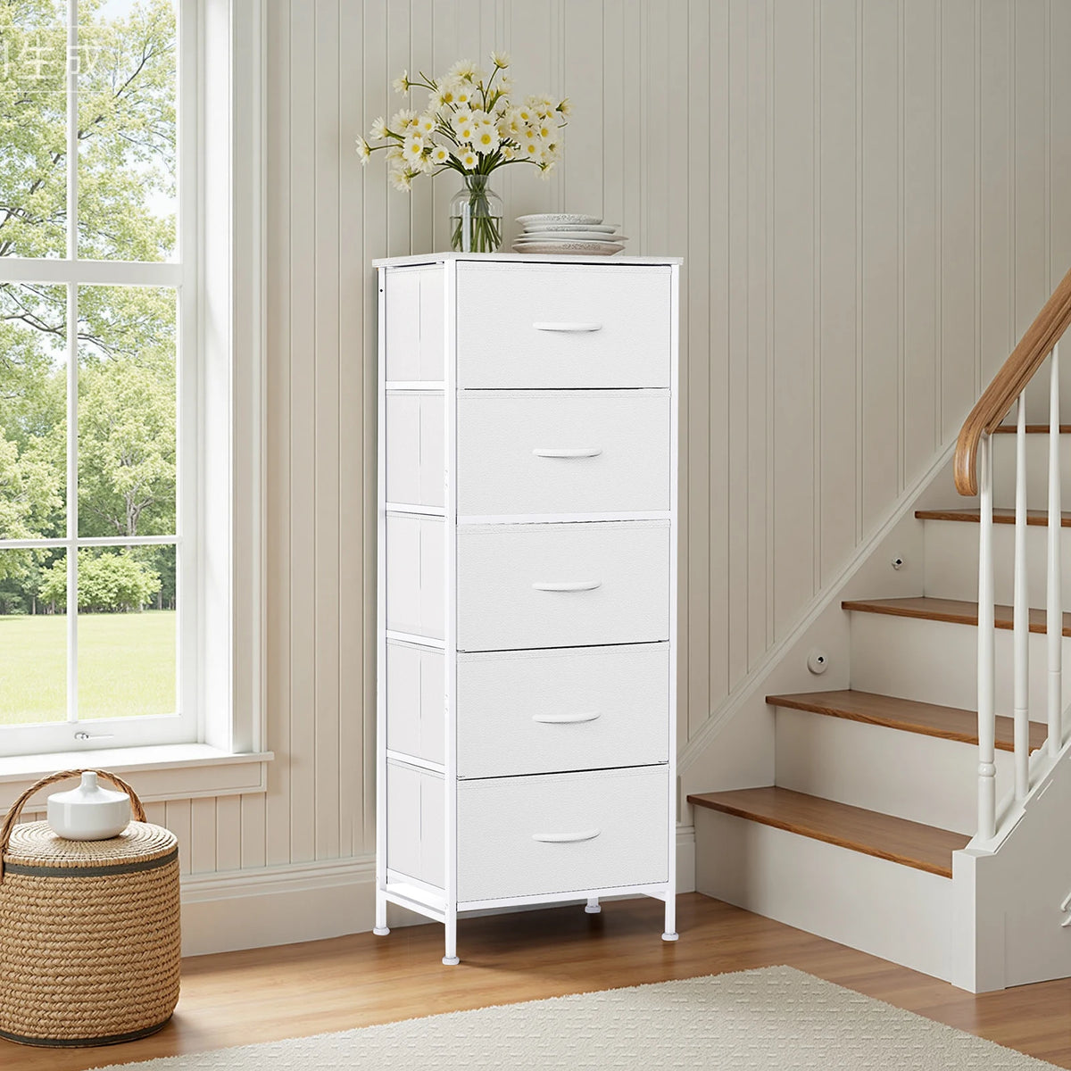 JHK 48IN Dresser For Bedroom With 5 Fabric Drawers Nightstand Wardrobe Steel Frame Closet For Clothes Storage Cabinet Furniture