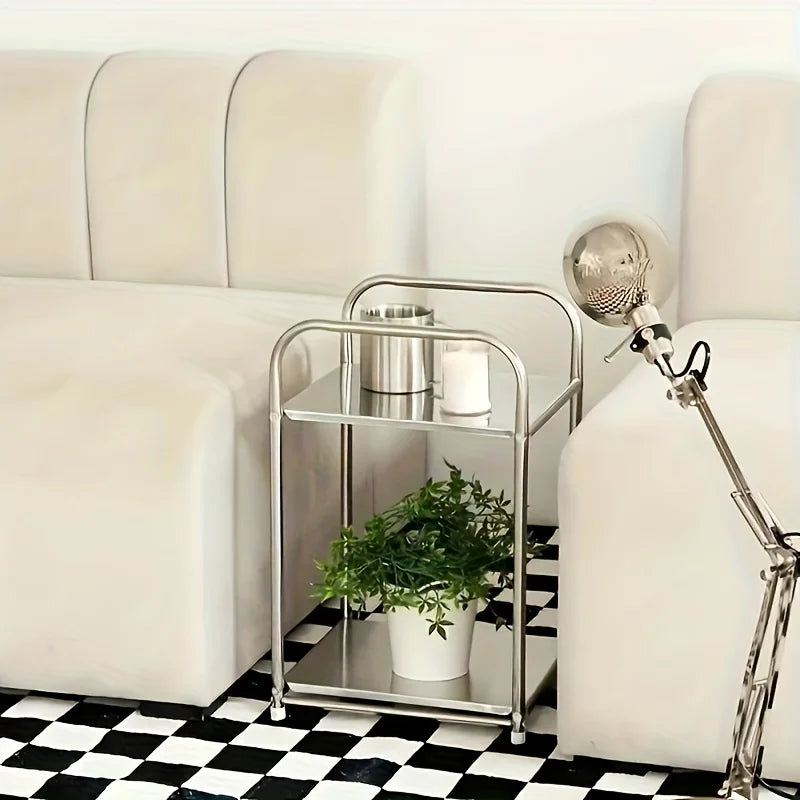 Modern Stainless Steel Side Table Silvery Nightstand Home Storage Shelf for Sofas And Kitchens Practical Shelving Unit