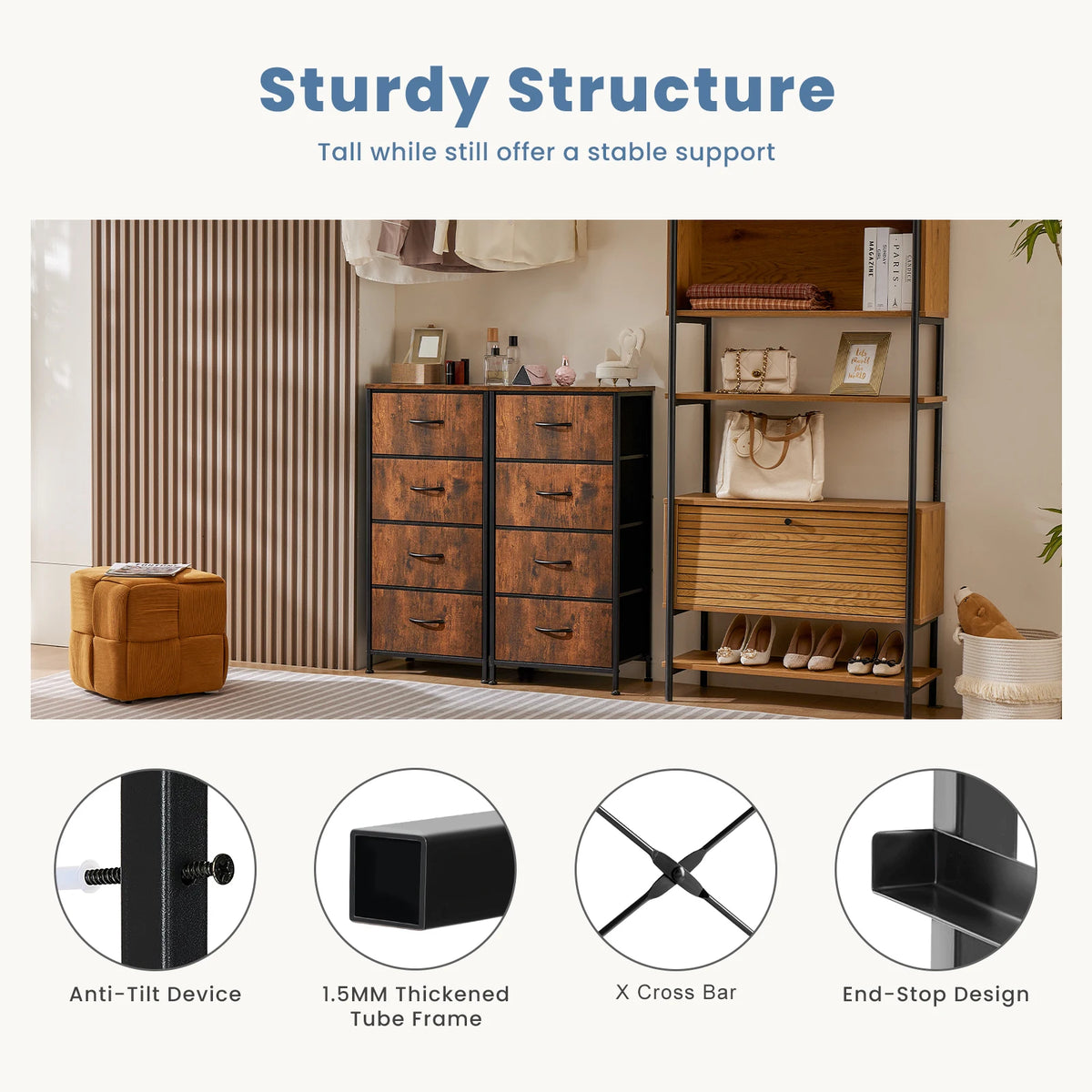 JHK Dresser For Bedroom With 4 Fabric Drawers Nightstand Wardrobe Steel Frame Closet For Clothes Storage Cabinet Of Furniture