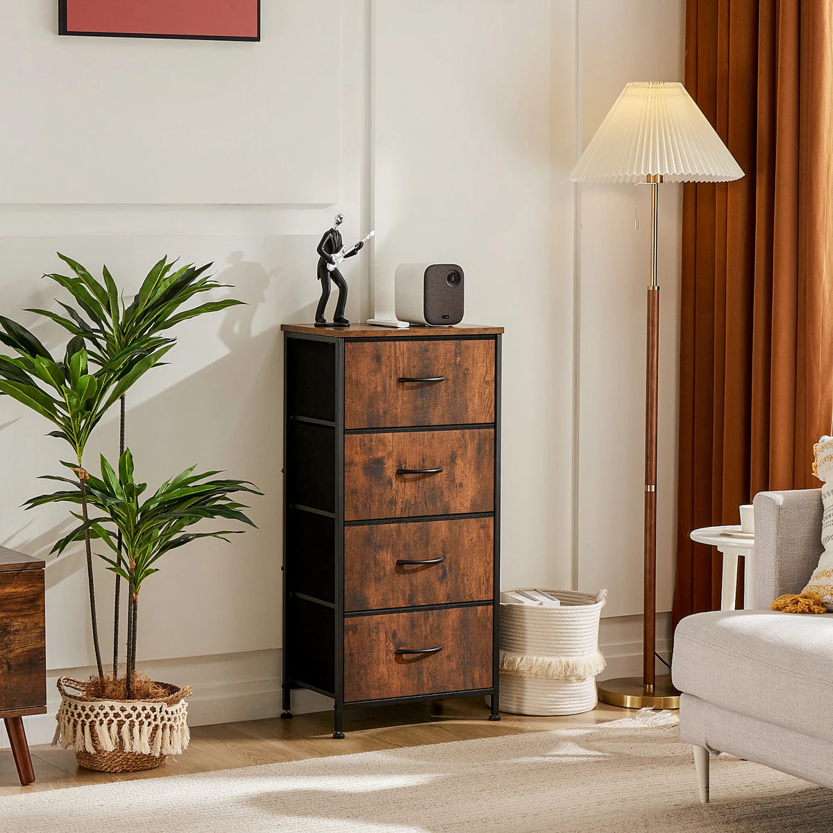 JHK Dresser For Bedroom With 4 Fabric Drawers Nightstand Wardrobe Steel Frame Closet For Clothes Storage Cabinet Of Furniture