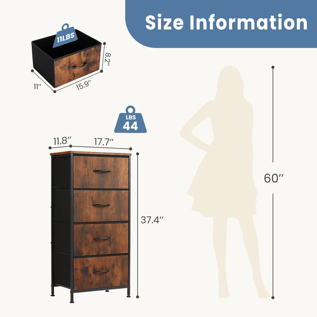 JHK Dresser For Bedroom With 4 Fabric Drawers Nightstand Wardrobe Steel Frame Closet For Clothes Storage Cabinet Of Furniture