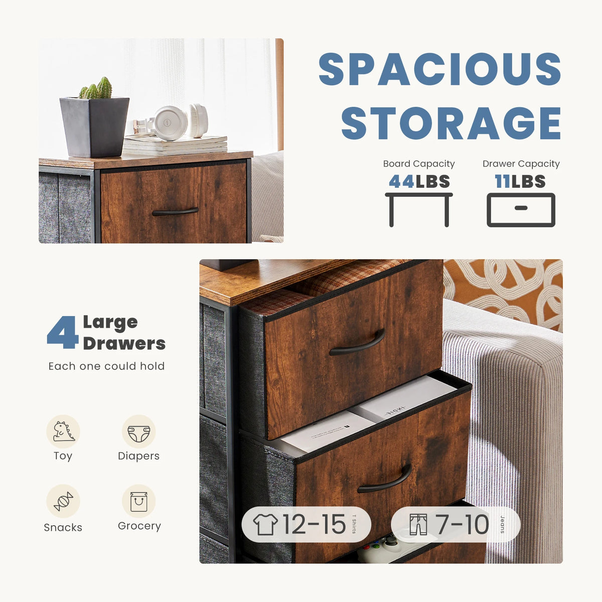 JHK Dresser For Bedroom With 4 Fabric Drawers Nightstand Wardrobe Steel Frame Closet For Clothes Storage Cabinet Of Furniture